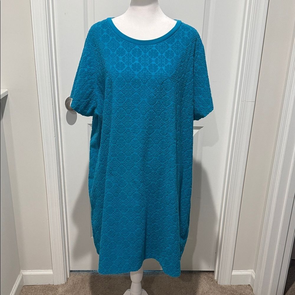 Lands End M Teal Textured Terry Jacquard Short Sleeve T-Shirt Mini Dress Coastal